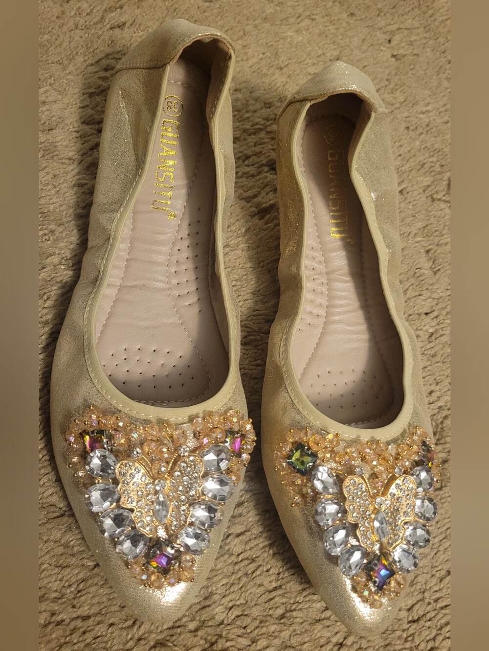 Gold Embellished Women's Ballet Flats with Crystal Butterfly